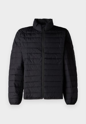 Schwarz gepolsterte Jacke mit hohem Kragen und durchgehendem Reißverschluss. Enthält horizontale gesteppten Paneele und elastische Bündchen für eine enge Passform.
