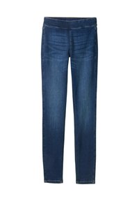 Vaqueros de mezclilla azules con un ajuste slim, talle medio y una textura suave. Presenta un diseño clásico de cinco bolsillos y un desvanecimiento mínimo.