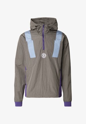 Szara lekka kurtka z kapturem, z jasnoniebieskimi pionowymi paskami, fioletowymi akcentami i logo na przodzie. Tkanina o fakturze.