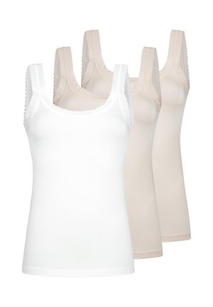 Tre ærmeløse damesingletter med blonder på stropperne, en hvid foran og to beige bagved.
