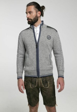 Grauer Reißverschluss-Pullover mit gerippten Bündchen und Saum, featuring navyfarbigen Akzenten und einem runden Logo. Getragen über einem weißen Hemd mit Kragen und Shorts.