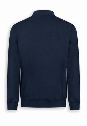 Dunkelblaue langärmelige Jacke mit gerippten Bündchen und Saum, von hinten auf weißem Hintergrund dargestellt.