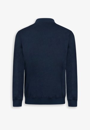 Dunkelblaue langärmelige Jacke mit gerippten Bündchen und Saum, von hinten auf weißem Hintergrund dargestellt.