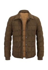 Braune gesteppte Jacke mit Kragen, ausgestattet mit einem beige inneren Futter und Druckknopfverschlüssen. Hergestellt aus einem weichen, strukturierten Stoff.