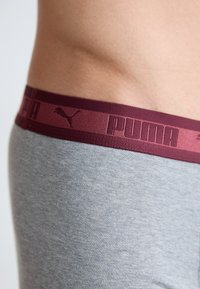 Közelkép egy törzsről, amely szürke alsóneműt visel, bordó derekúval, rajta a Puma logóval és szöveggel.