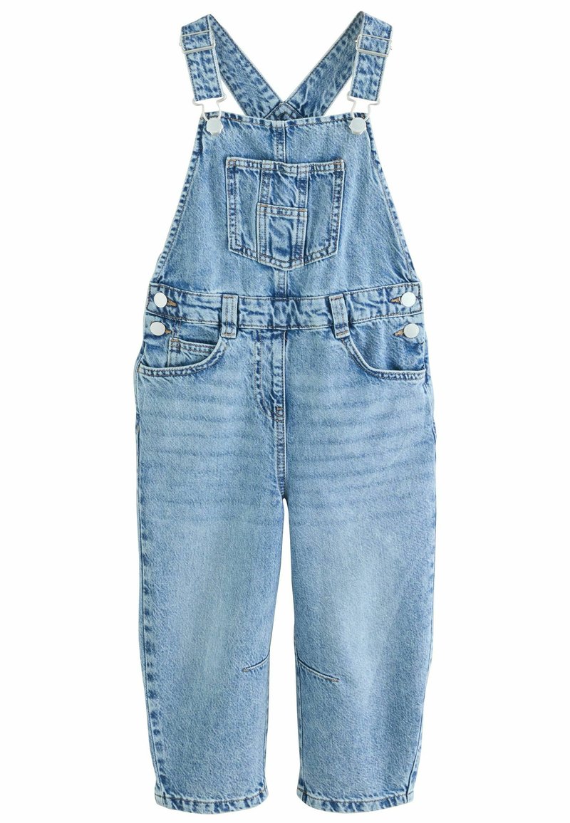 Lichtblauwe denim overall met verstelbare banden, een voorzak, zijknopen en rechte benen met een licht versleten uitstraling.