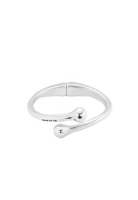 Bague en argent ajustable au design épuré et minimaliste, avec deux extrémités arrondies et une surface lisse et réfléchissante.