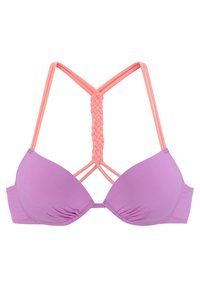 Fioletowy stanik bikini o gładkiej fakturze, z splecionymi różowymi ramiączkami i plecami w warkocz. Wykrojone miseczki z lekkim marszczeniem.