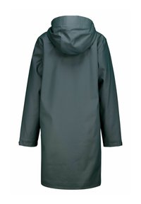 Manteau de pluie long à capuche en vert foncé, fabriqué en matériau résistant à l'eau. Présente une coupe droite, avec des boutons aux poignets. Texture lisse.