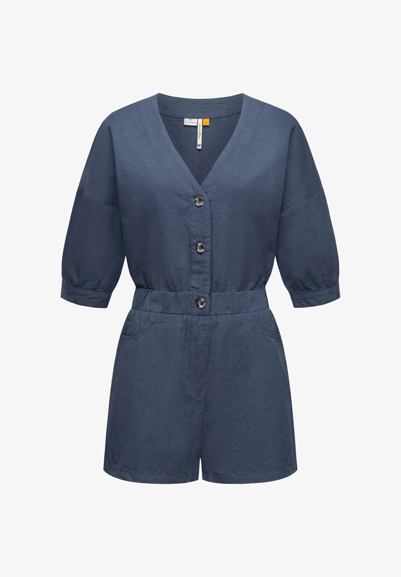 Navy blue short jumpsuit made of lightweight fabric. Features a V-neck, button front, short sleeves, and an elastic waistband with pockets.