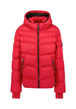 Bright red puffer jacket with a zip front, hood, and side pockets. The fabric features quilted texture and cuffed sleeves.
