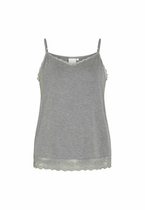 Gray camisole with adjustable straps, featuring a scalloped lace trim at the neckline and hem. Made of soft, smooth fabric.