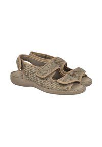 Sandalias beige con un patrón de piel de serpiente texturizado, que cuentan con correas de Velcro ajustables y un diseño de punta abierta con una suela ligera.