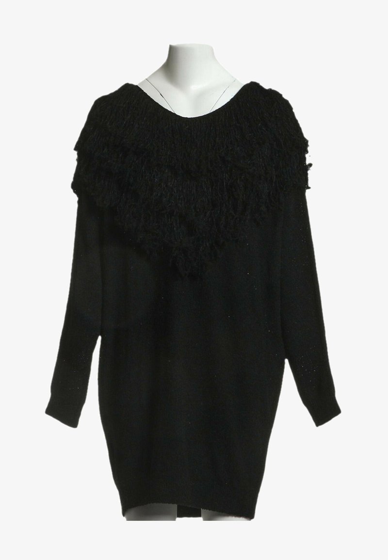 Robe-pull noire à manches longues avec détail en maille texturée sur la poitrine et les épaules, présentée sur un buste de mannequin blanc.