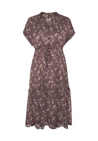 Robe violette fluide avec des manches courtes, motif floral, décolleté en V, taille à cordon et ourlet à volants superposés. Tissu léger et doux.