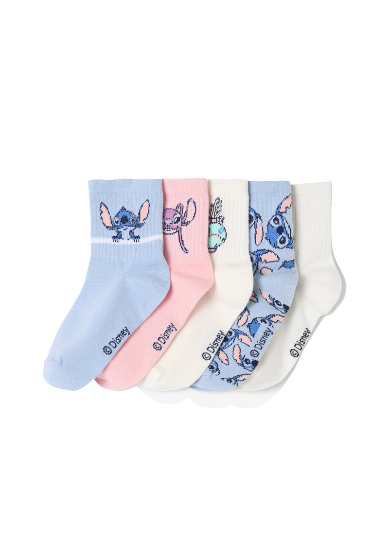 Vier Paare von Crew-Socken mit Stitch von Disney. Die Farben umfassen Hellblau, Pink und Weiß. Baumwollmischung mit geripptem Muster.
