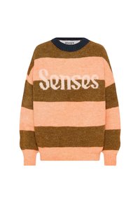 Knitted sweater featuring horizontal stripes in peach and brown. The design includes the text "Senses" in white, with a ribbed neckline and cuffs.