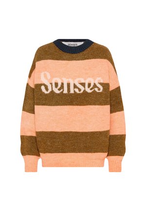 Knitted sweater featuring horizontal stripes in peach and brown. The design includes the text "Senses" in white, with a ribbed neckline and cuffs.