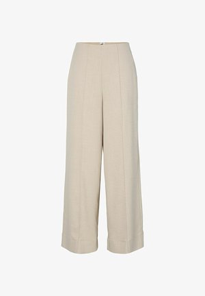 Beige vidde-benet cropped bukser med høj talje og sømdetaljer foran, lavet i et subtilt tekstureret stof med opsmøgede kanter.