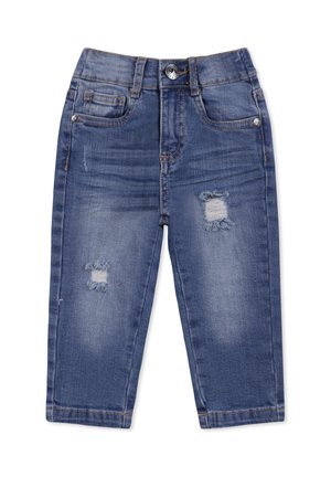 Niebieskie dżinsy o slim fit, cztery kieszenie oraz zniszczone detale z postrzępionymi łaty na kolanach.