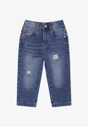 Niebieskie dżinsy o slim fit, cztery kieszenie oraz zniszczone detale z postrzępionymi łaty na kolanach.