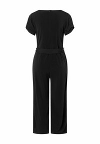 Zwarte jumpsuit met korte mouwen, een relaxte pasvorm, een cinched taille met een riem en taps toelopende wijde pijpen. Soepele, lichtgewicht stof.