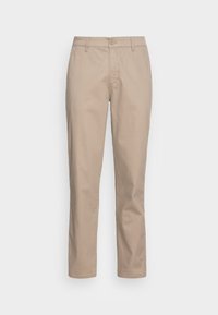 Chino beige in cotone, con un design a gamba dritta, chiusura frontale con bottone e tasche laterali. Texture liscia con dettagli minimi.