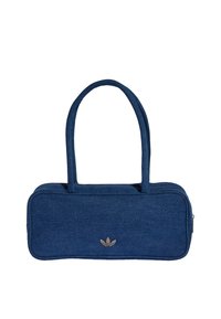 Blue denim bag with two handles, rectangular shape, zip closure, and a small metallic logo on the front. Smooth texture and minimal design.