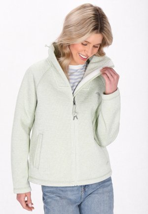 Helle grüne Fleecejacke mit hohem Kragen, Reißverschluss vorne und zwei Seitentaschen. Verfügt über ein strukturiertes Muster und elastische Bündchen.