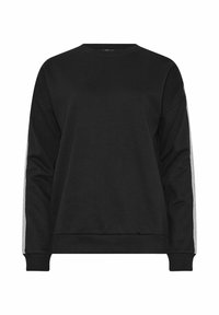 Felpa nera a maniche lunghe con collo a girocollo e strisce riflettenti argentate che scendono lungo le maniche, polsini a costine e orlo.