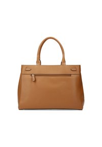 Tan leather handbag with a textured finish, two rounded handles, a zippered front pocket, and a structured shape.