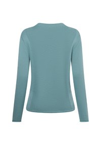 Langärmliger, gerippter Strickpullover in einem gedämpften Tealton. Verfügt über einen Rundhalsausschnitt und eine taillierte Silhouette ohne sichtbare Verschlüsse.