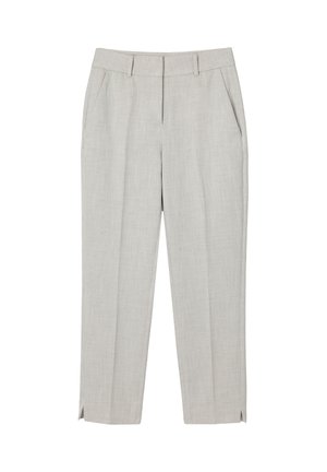 Lysegrå skræddersyede bukser med lige ben, forlommer, bæltestropper og små sideslids ved kanten.