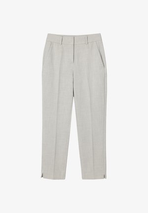 Hellgraue, maßgeschneiderte Hosen mit geraden Beinen, Vorder- taschen, Gürtelschlaufen und kleinen seitlichen Schlitzen am Saum.