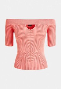 Korallefarbenes, schulterfreies Rippoberteil. Verfügt über kurze Ärmel, einen V-Ausschnitt und strukturelle vertikale Streifen mit einer figurnahen Silhouette.