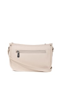 Borsa a tracolla in pelle beige con finitura texture, tasca frontale con zip e tracolla regolabile. Design rettangolare semplice.