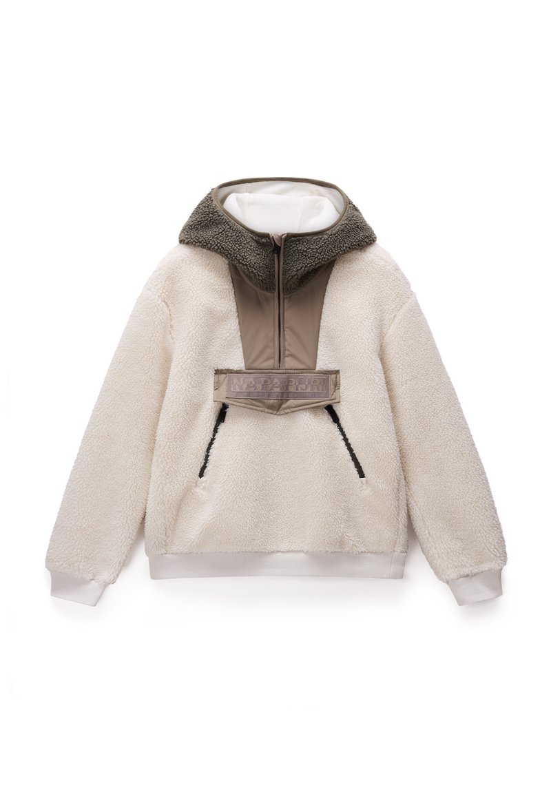 Fleece genser i off-white med en kontrastpanel i olivengrønn og beige, med høy krage, glidelås og to sidelommer.