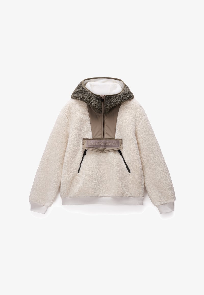 Fleece pullover in off-white met een contrasterend olijfgroen en beige paneel, met een hoge kraag, ritssluiting en twee zijzakken.