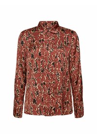 Camicia a maniche lunghe in un motivo astratto color bordeaux e beige, con colletto e vestibilità morbida, realizzata in tessuto liscio.