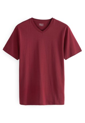 Dunkelrot-V-Ausschnitt-T-Shirt aus weichem Baumwollmaterial, mit kurzen Ärmeln und einem klassischen, schlichten Design. Keine Muster oder Akzente.