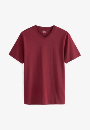 V-neck t-shirt in dark red, made of soft cotton material, featuring short sleeves and a classic, simple design. No patterns or accents.