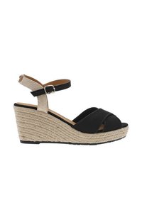 Black wedge sandal featuring crossed straps, a braided jute heel, and an adjustable ankle strap with a metallic buckle. Rubber outsole.