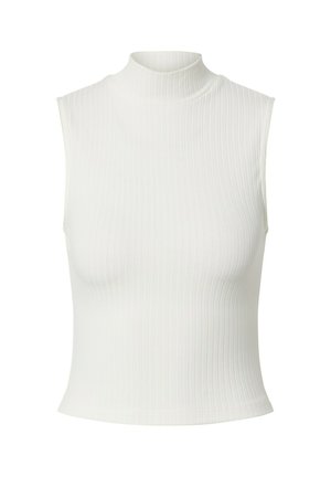 Ribbed, sleeveless turtleneck top in white. Features a fitted design with a smooth texture and a high neckline. Ideal for layering.