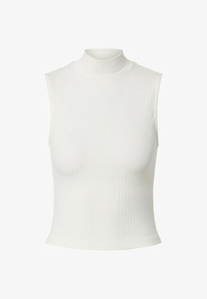 Ribbed, sleeveless turtleneck top in white. Features a fitted design with a smooth texture and a high neckline. Ideal for layering.