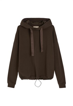 Ciemnobrązowa bluza z długim rękawem, kapturem z sznurkiem i regulowanym elastycznym dołem, wykonana z miękkiej tkaniny.