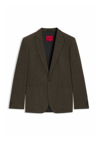 Brauner Tweed-Blazer mit Reverskragen, Einknopfverschluss, zwei Fronttaschen und schwarzer Fütterung. Verfügt über drei-Knopf-Manschetten.