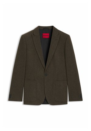 Brauner Tweed-Blazer mit Reverskragen, Einknopfverschluss, zwei Fronttaschen und schwarzer Fütterung. Verfügt über drei-Knopf-Manschetten.