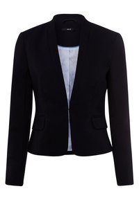 Černý blazer s klopovým límcem, zapínáním na jeden knoflík a dvěma předními kapsami. Interiér má světle modrou proužkovanou podšívku. Úzký střih.