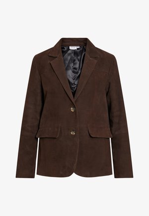 Bruine suède blazer met een geknipt kraag, twee voork pocketen en twee knopen. Binnenvoering van zwart satijn. Getailleerde pasvorm en strakke lijnen.