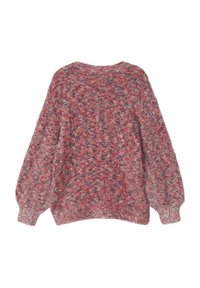 Czerwony i szary sweter o miękkiej, puszystej fakturze, luźnym kroju i opadających ramionach. Posiada szeroki dekolt i ściągacz na dole.